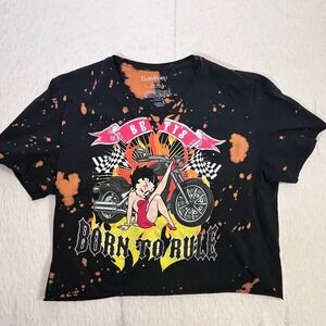 Betty Boop Born To Ride Bleach Splatter Graphic T Shirt Womens XL Crop Tee